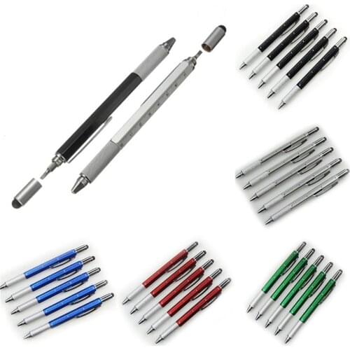 5 Pcs Multi-Tool 6 In 1 Ballpoint Pen With Ruler, Level Gauge, Ballpoint Pen, Stylus ,Touch Screen Stylus And Screw Driver, Mu