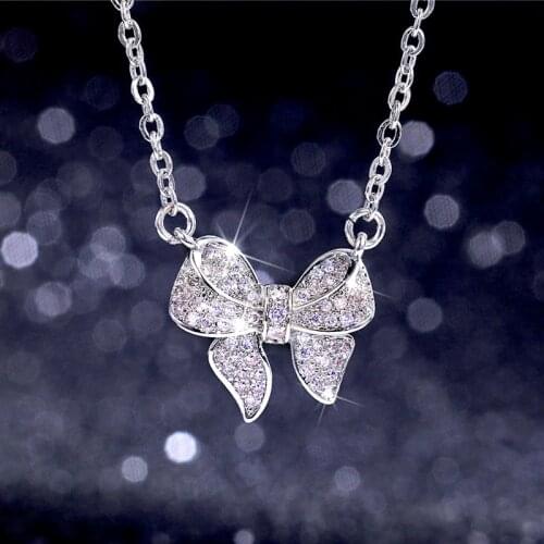 Huitan Women Fashion Bow Pendant Necklace Silver Color With Dazzling Cubic Zirconia Stylish Versatile Female Jewelry Party Gifts