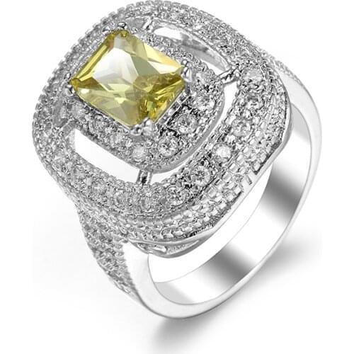 Fashion Women Silver Color Jewelry Ring Big Square Yellow CZ Silver Color Engagement Rings wedding Rings Party Ring Gift