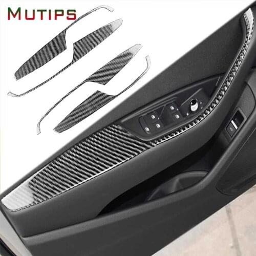 Mutips Car Door Armrest Panel Cover Trim Strip Carbon Fiber Sticker Window lifter Frame Interior For Audi A4 B9 2017 2018 2019