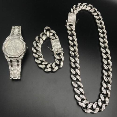 2cm Hip Hop Gold Color Ice Out Cuban Crystal Miami Cuban Chain Men Watch& Necklace & Bracelet Combo Set Hip Hop Neckalce For Men