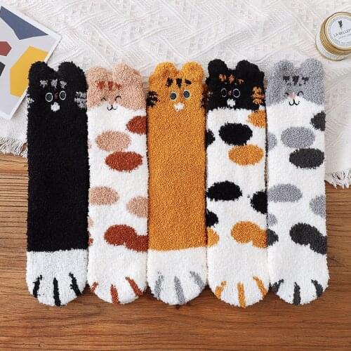 3D Ear Embroidery Cat Claw Coral Fleece Animal Sock Winter Kawaii Thick Striped Cartoon Women Fuzzy Fluffy Terry Warm Cute Socks