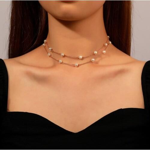New Beads Necklace Fashion Pearl Choker Necklace Double Layer Gold Color Chain Pendant for Women Goth Chocker Jewelry Girl Gift