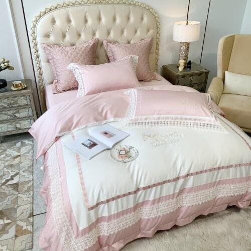 Duvet Cover Bed Sheet Pillowcases Egyptian Cotton Embroidered Lines 800TC Pink Queen King size 4Pcs Bedding set Ruffles Lace