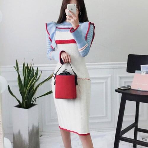 SHTONGHUA 2019 Fashion Elegant Patchwork Midi Knitted Sweater Dress Winter Women Knit Bodycon Dress Ruffles Pullover Dresses