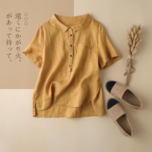 Summer New Womens Cotton Linen Shirts Fashion 2021 Solid Color Tops Button Short Sleeve Shirts Female Casual Loose Blouses Q473