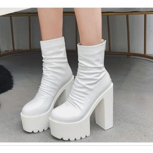 2021 New Autumn Winter Platform Boots High Heels Back Zipper Black White Short Boots For Women Waterproof Gothic Shoes