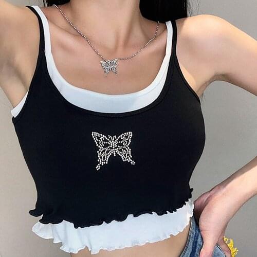 Ladies New Two-Piece Leisure Vest Sexy Light Thin Slim Navel Pullovers Delicate Butterfly Printed Summer Sports Singlet Tops