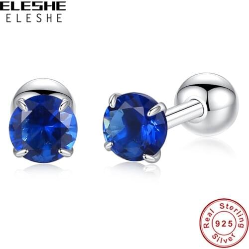 2019 New 100% 925 Sterling Silver Stud Earrings for Women Fashion Dark Blue Cubic Zirconia Earrings Small Round Jewelry Gift