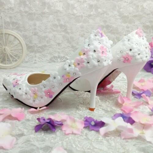 White and Pink Lace Flower Wedding Shoes Silver Crystal Beaded Slip-on Pointed Toe High Heel Women Pumps for Party Banquet