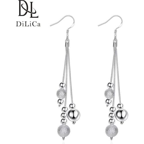 DiLiCa Elegant Long Earrings for Women Silver Plated Beads Drop Dangle Earrings Female Simple Fashion Jewelry Earring