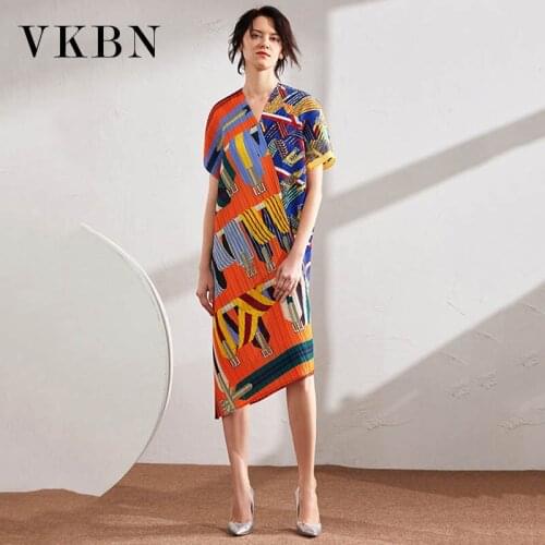 VKBN Plus Size Dress Women V-neck Geometric Short Sleeve Pleated Fabric Printing Loose Irregular Dress