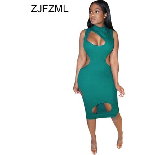 Front Hollow Out Summer Party Clubwear Wrap Dress Woman Turtleneck Sleeveless Bodycon Dress Summer Waist Band Cut Out Vestido