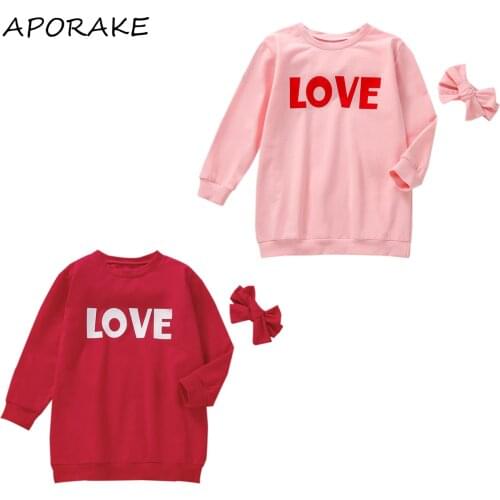 2021 0-6Y Casual Toddler Girls Dress Sweatshirt LOVE Letter Print Long Sleeve O Neck Red/Pink Loose Dress+Headband Spring Fall
