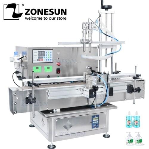 ZONESUN Desktop Automatic Filling Machine Gel Juice Liquid Shampoo Double Heads Beverage Bottle Filler With Chain Conveyor
