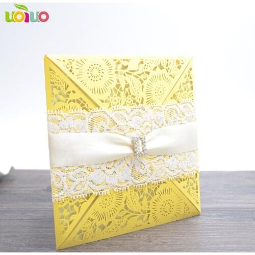 DIY 25set free customize inc105 laser cut wedding invitation card goldt,tied bow ,brooch rhinestone,printing card,envelope seal