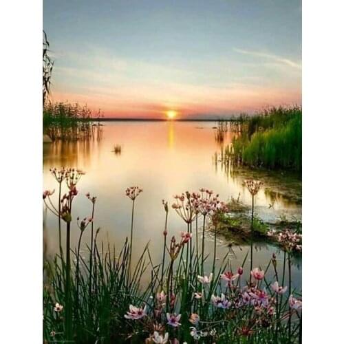 5D DIY Diamond Painting Lake Sunset Landscape Cross stitch Full Square Diamond Embroidery Mosaic Rhinestone Decoration Inlay