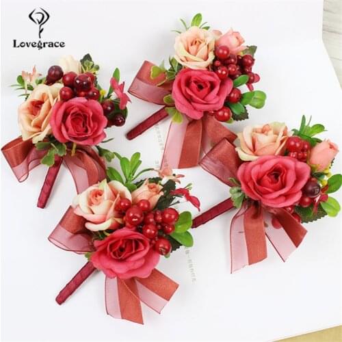 Lovegrace Groom Boutonniere Bride Wrist Corsage Silk Rose Flower Plastic Berry Girl Bracelet Men Corsages Wedding Decoration
