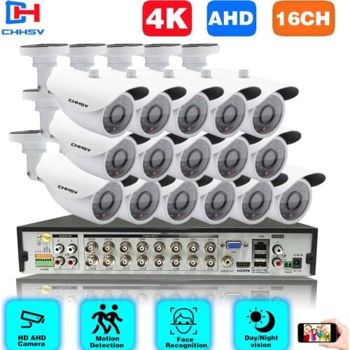CHHSV H.265 8/16PCS AHD 8MP Outdoor Security Bullet Camera 16CH AHD HDMI 4K Face Detection DVR System Video Surveillance Set
