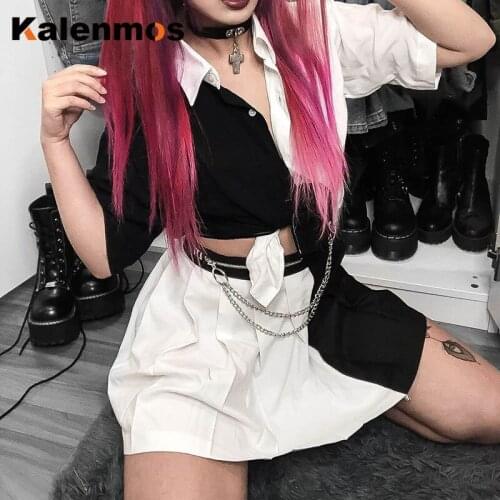 KALENMOS Gothic Loose Tops Women T-Shirts Black White Patchwork Streetwear Hip Pop Harajuku Casual Tees Korean Sexy Crop Tshirt