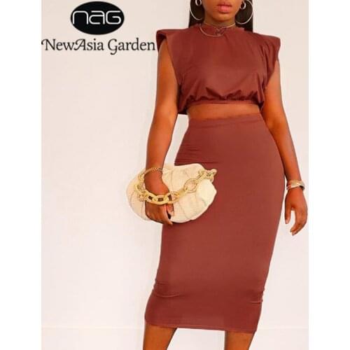 NewAsia Sexy Skirts Sets Shoulder Pads Sleeveless Crop Top High Waist Solid Color Slim Fit Long Skirt Set Summer Two Piece Suits