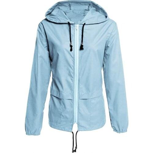 Women Hooded Jacket Solid Color Drawstring Long Sleeve Zipper Pockets Women Raincoat Hiking Solid Color Long Sleeve Raincoat