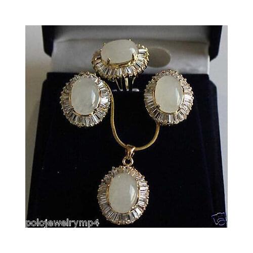 Hot selling> Hot! Jewelry White Opal Beads Pendant Earring Zircon Ring Set AAA style 100%Natural stone Noble Fine jewe -Bride je