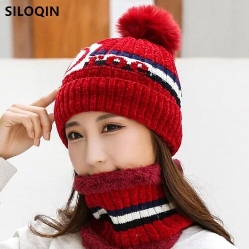 SILOQIN Lovely Schoolgirl Ski Earmuffs Hat Winter Womens Warm Beanie Plus Velvet Keep Warm Beanies Knitted Woolen Hats With Bib