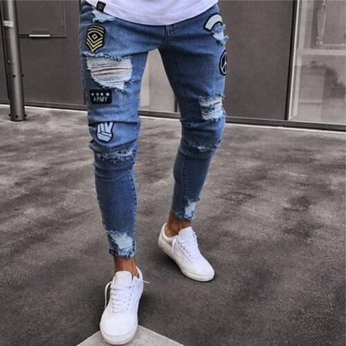 Men Stylish Ripped Jeans Hip-Hop Biker Skinny Slim Straight Frayed Denim Trousers Badge Letters Skinny Jeans Men Clothes