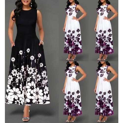 Large Size Elegant Womens Floral Print Long Maxi Dress Evening Party Beach Dress Summer Sleeveless Long Flower Sundress Costume