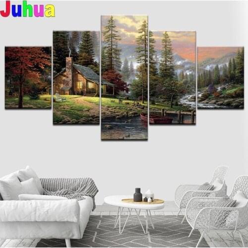 Full Square Diamond Painting 5 Panel Mountain River Tree house,Round Diamond Embroidery rhinestone Forest Landscape Wall Art