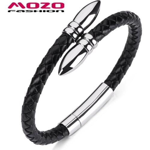 Simple Style Bangle Charm Bracelets Genuine Leather Rope Spring Buckle Braided Punk Rock Male Fashion Jewelry PS1072