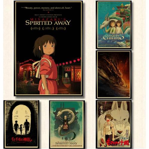 Retro Posters Spirited Away Hayao Miyazaki Cartoon Movie Poster Kraft Paper Painting Stickers Wall Hanging Painting Printed Draw