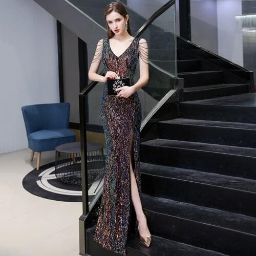 Luxury Evening Dress Robe De Soiree Rhinestone Sequin Beading Mermaid Bridal Lace V-neck Formal Party Gowns
