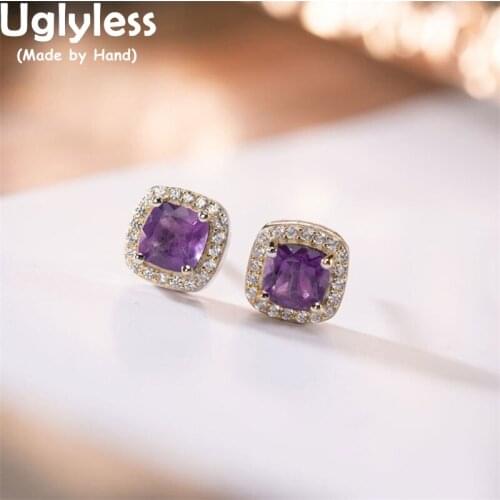 Uglyless Nobel Purple Crystals Studs Earrings for Women Blingbling Zircons Square MINI Earrings Real 925 Silver Brincos Fashion