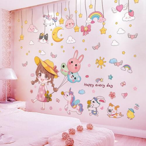 [SHIJUEHEZI] Girl Balloons Wall Sticker DIY Stars Clouds Animals Wall Decor for Kids Room Baby Bedroom Nursery Home Decoration