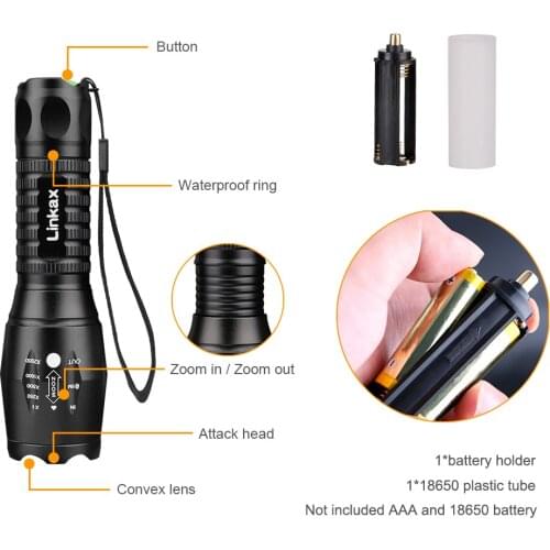 Linkax 3800LM Zoomable 5 Modes LED Flashlight Black E17 SOS Light T6 For Hunting Hiking Cycling Police Torch Flashlight
