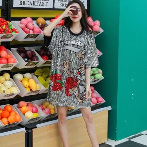Loose Anime Pattern Letter Straight Half Sleeve O-neck Free Size Sliver Fashion Elegant Women Summer Sequined Dresses 9945