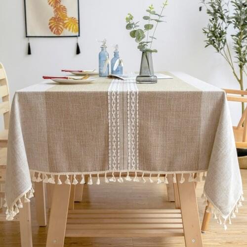 Nordic Cotton Linen Lace Tablecloth Brown Woven Striped Waterproof Dining Table Cloth Table Cover Coffee Table for Living Room