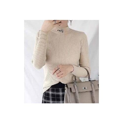Letter Embroidery Knit Sweater Womens Slim Autumn And Winter New Long-sleeved Stretch Half-high Neck Pullover Base Sweater
