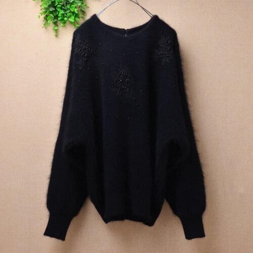 Brandy melville female women clothing angora rabbit hair knit long batwing sleeves loose winter beading pullover jumper sweater