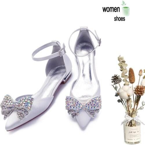 Fashion Color Crystals Bride Wedding Flats Ankle Strap Women Ballerians Shoes Pointed Toe Evening Party Satin Flat Casual White