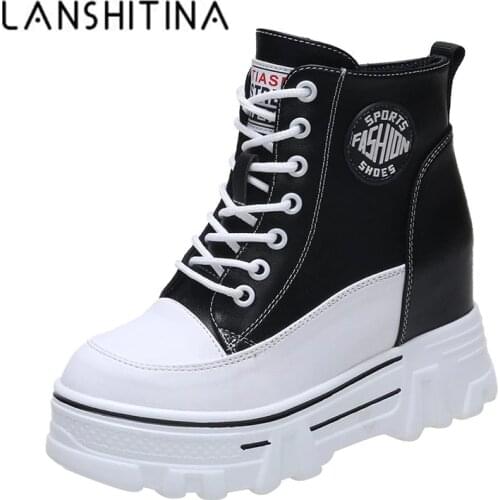 Women Ankle Boots Platform Winter Boots Ulzzang 8.5cm Height Increasing Wedges Shoes Woman Autumn Thick Sole Leather Sneakers