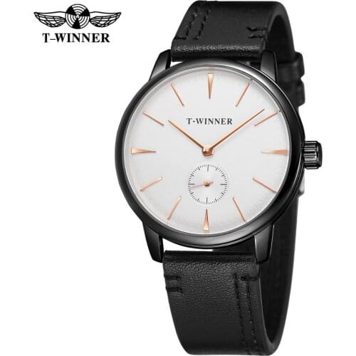 T-WINNER simple casual mens and womens watch white dial rose gold time scale black leather strap automatic mechanical watch