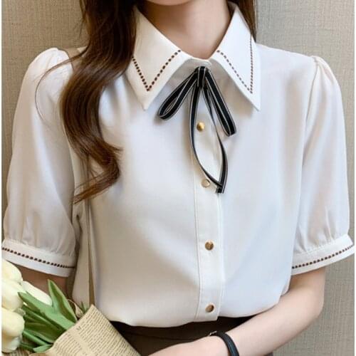 #8330 Summer Chiffon Shirt Women Casual Office Shirt Short Sleeves Embroidery Formal Shirt Femme Solid Color Womens Shirts Slim