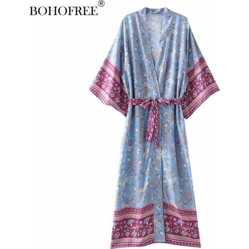 Bohemian Summer Rayon Cotton Long Duster Floral Print Robes Bokini Kimono Cover Ups Ethnic Clothing Womens Kimonos