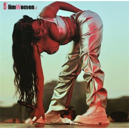 Hip Hop Faux PU Leather High Street Stacked Pants Capris Fold Shiny Women Pant Hipster Elastic Waist Female Streetwear Y2k Pants