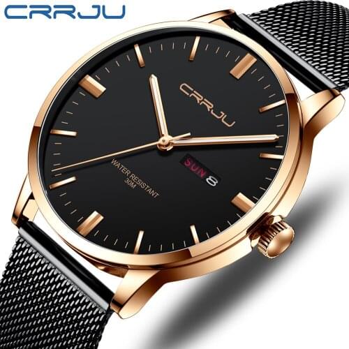 CRRJU Classic Lightweight Mens Watch Stainless Steel Mesh New Fashion Top Brand Waterproof Quartz Wrist Watch Relogio Masculino