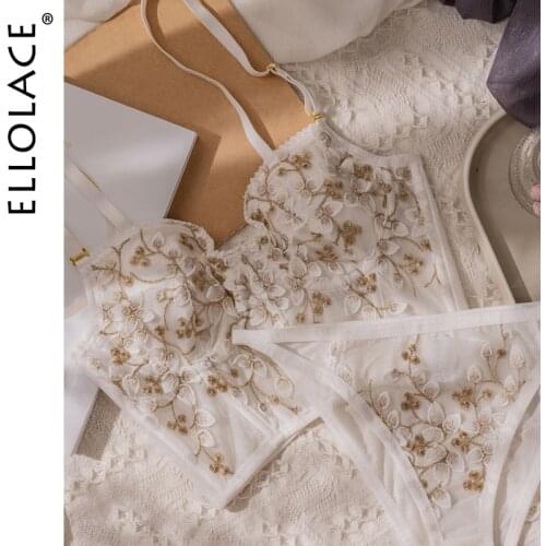 Ellolace Floral Lingerie Set Womens Underwear Sexy Brief Sets 3 Color S-XL Underwear Women Erotic Lingerie Padded Bra Panties