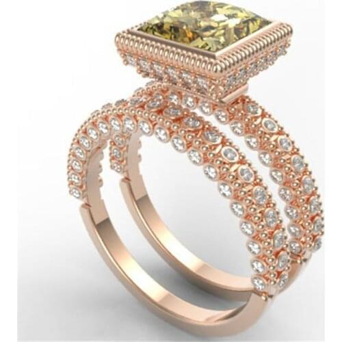 FDLK Luxury Womens Rose Gold Ring Yellow Zircon Bridal Wedding Engagement Ring Set Anniversary Promise Jewelry Gift